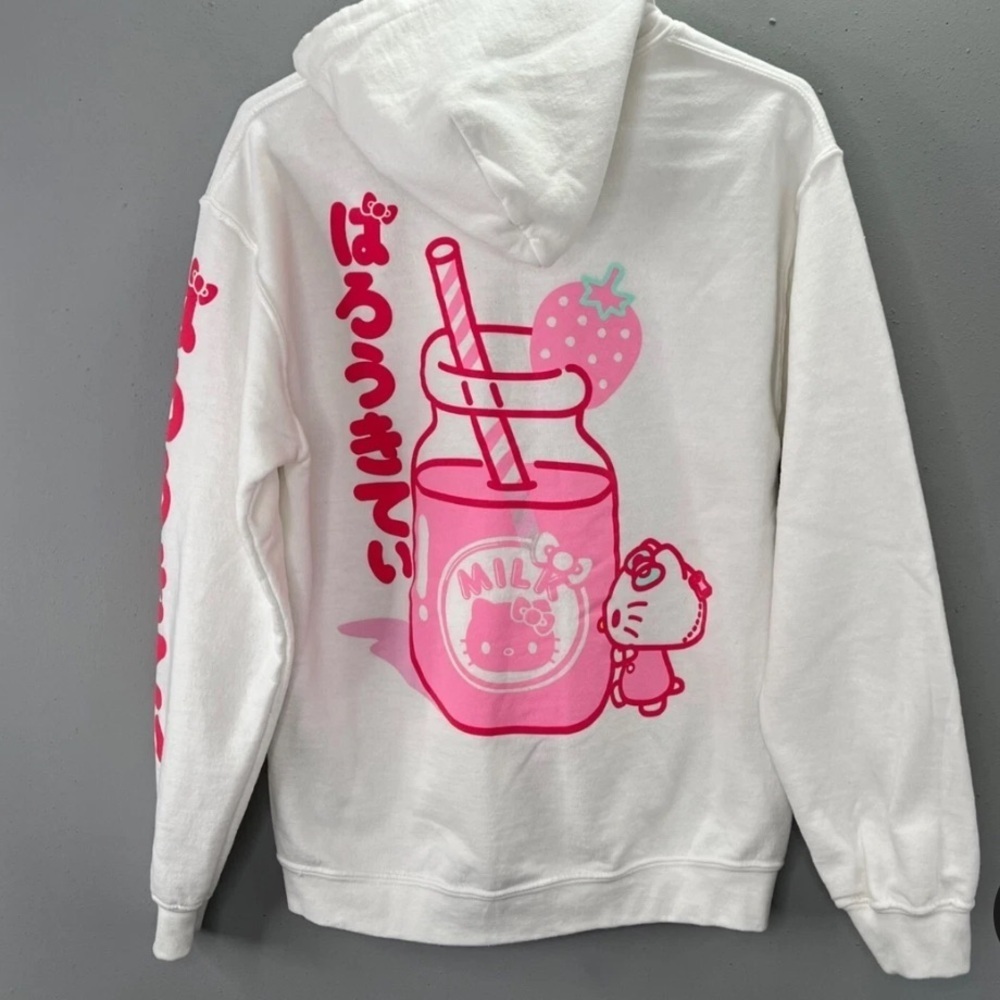 Hello Kitty Sanrio Strawberry Milk White Pink Graphic Hoodie